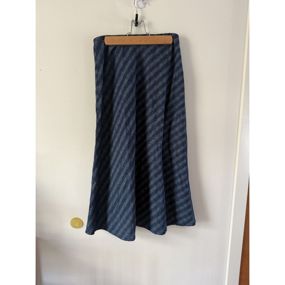 Gravel & Gold Bias Stripe Midi Skirt, Indigo Cotton Linen, Size 1